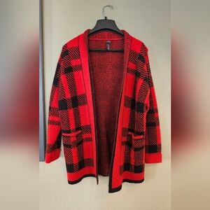 Red & Black Plaid Open-Front Women's Cardigan Sweater
